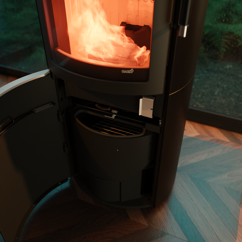 Ein moderner schwarzer Kaminofen mit offenem Aschefach und sichtbaren Flammen